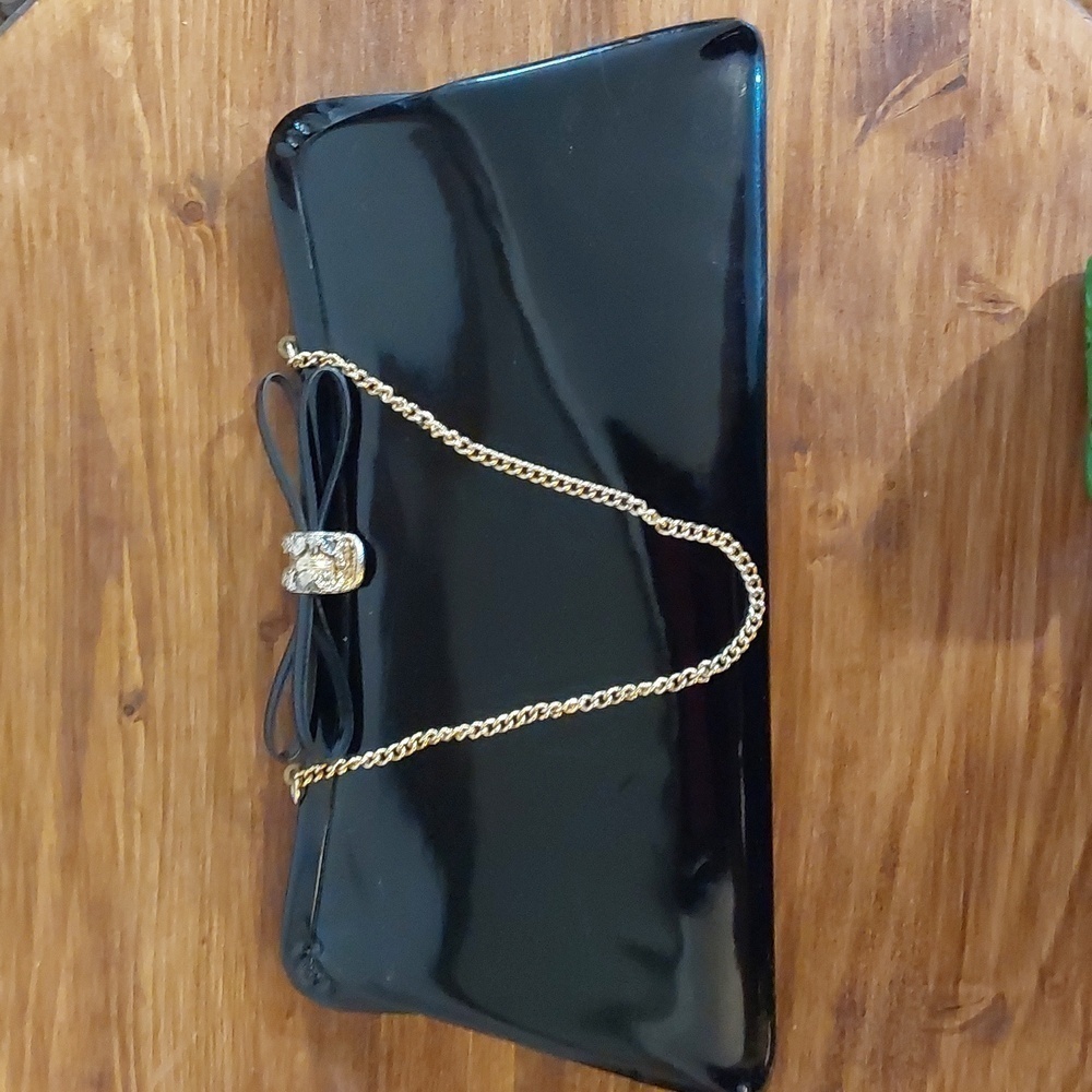 Vintage Black VINYL RETRO Bow Clutch evening bag Gold strap Sleek elegant